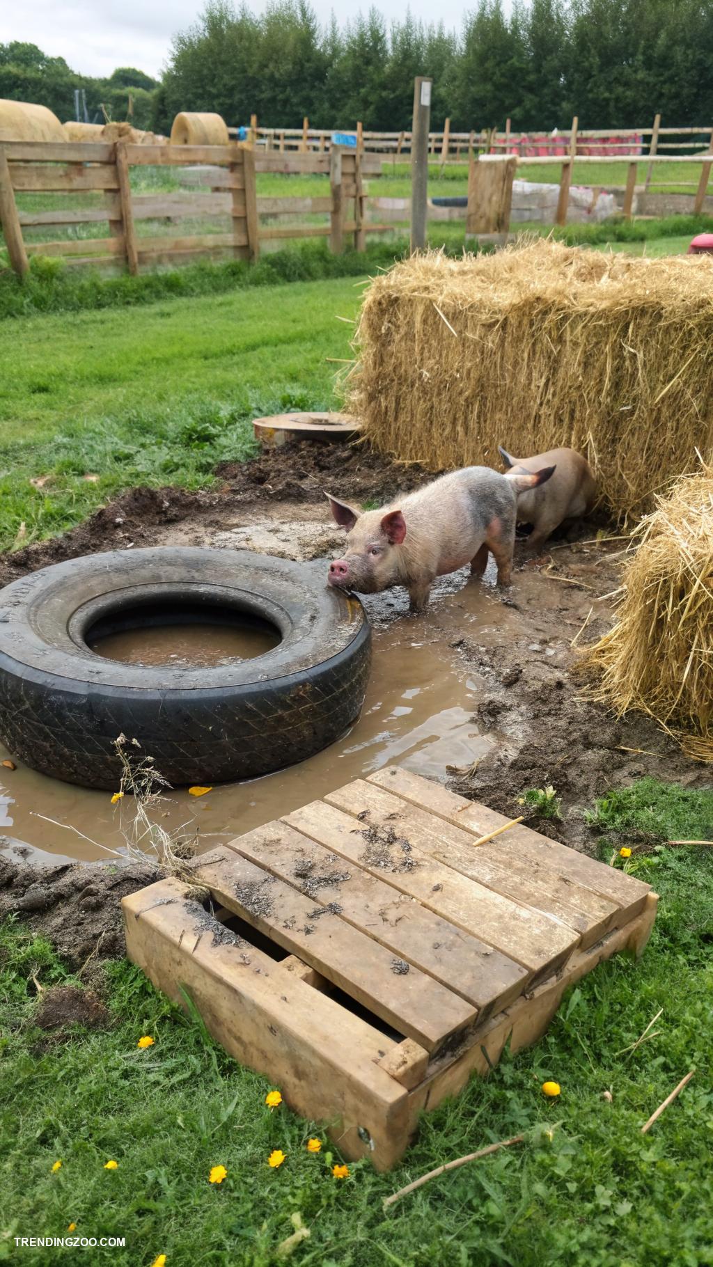 diy pig pens Old tires for playful mud stations
