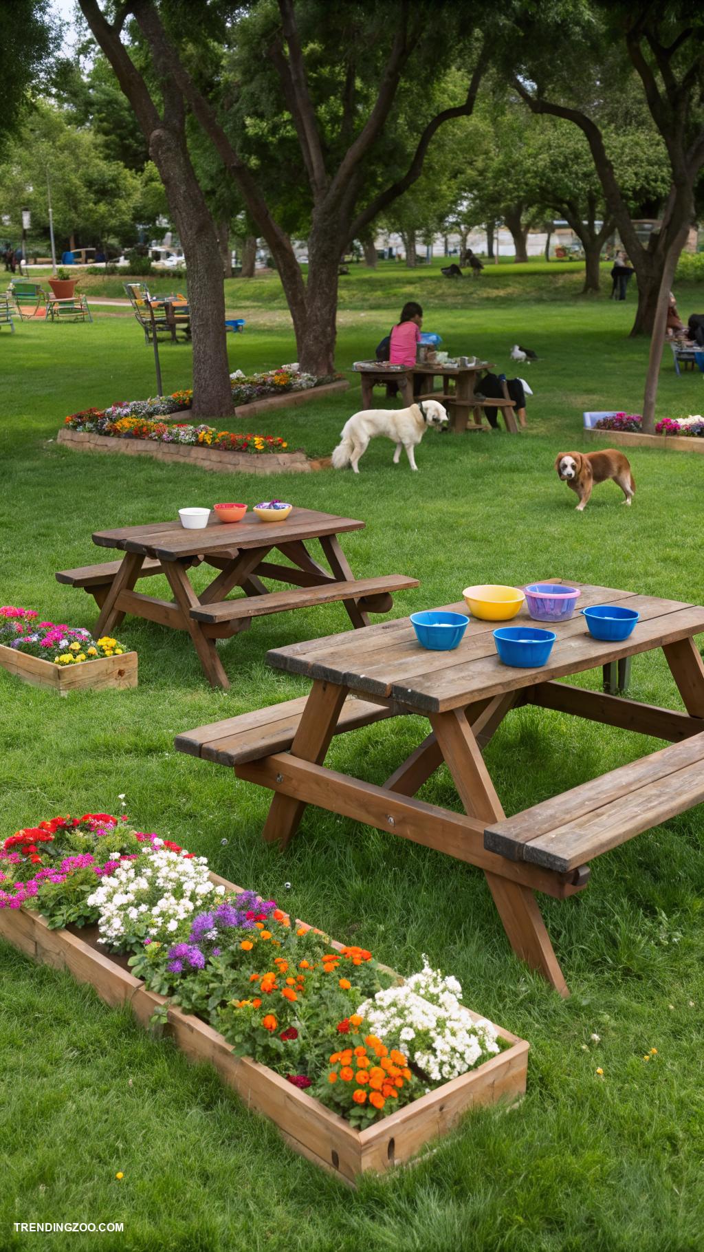 dog eating area Pet friendly park with picnic tables