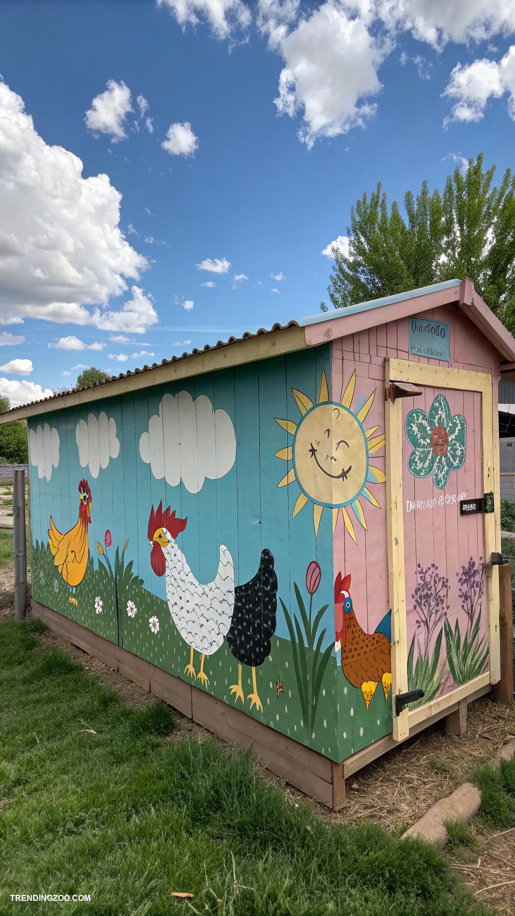 fancy chicken coop Colorful painted chicken coop mural