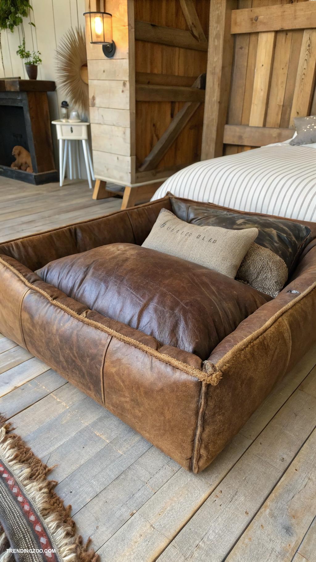 farmhouse style dog beds Distressed leather cushion bed