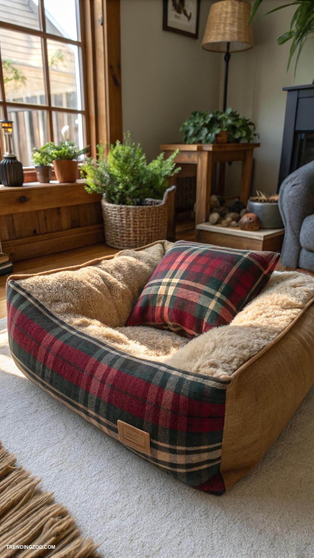 farmhouse style dog beds Stitched plaid pillow for comfort