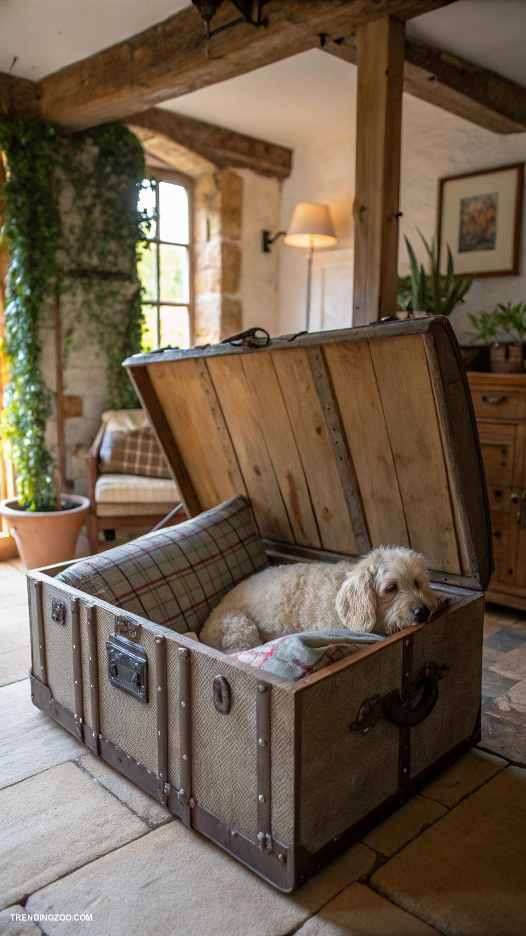 farmhouse style dog beds Vintage trunk as a cozy spot