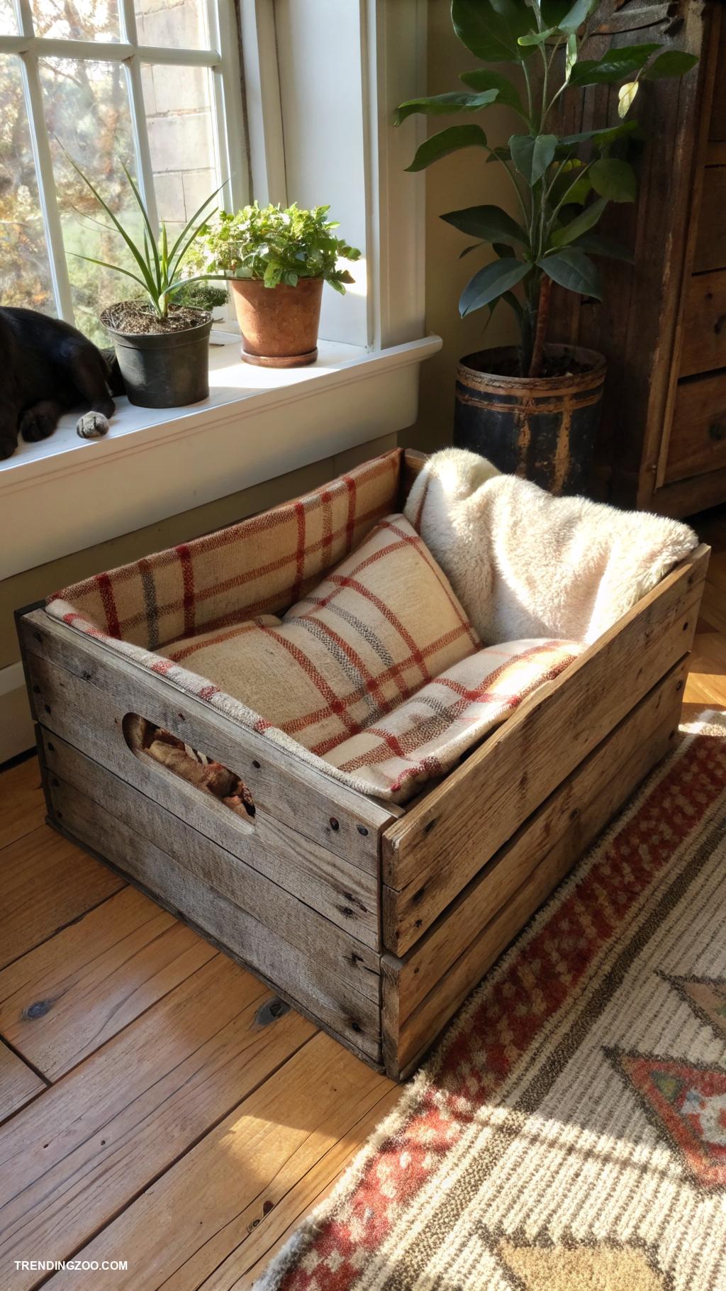 farmhouse style dog beds Wooden crate with soft padding