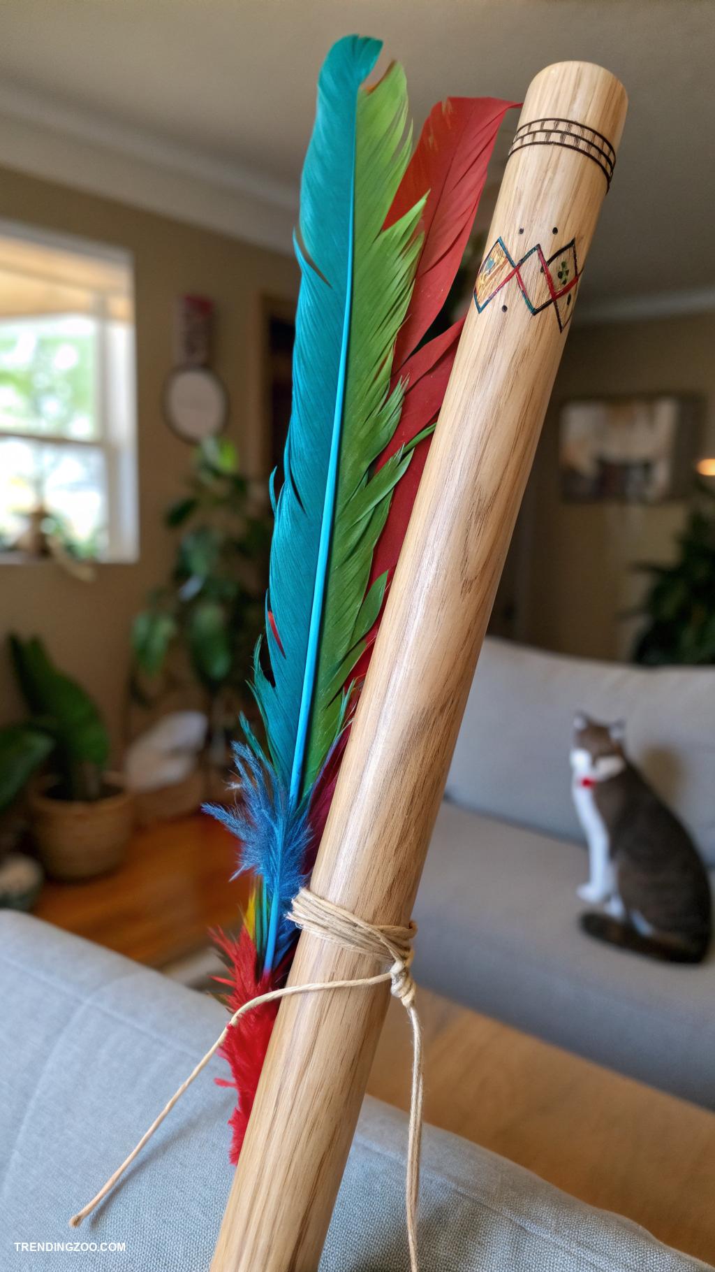 handmade cat toys Wooden stick with feathers attached