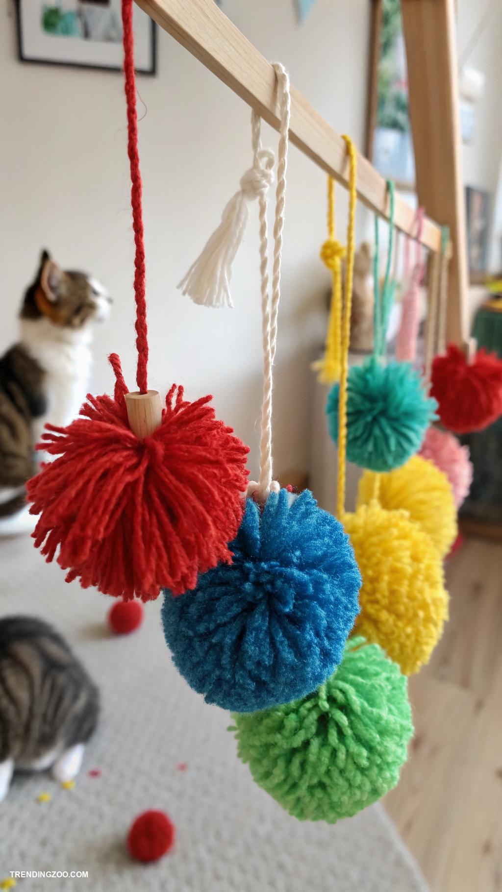 handmade cat toys Yarn pom poms on a string