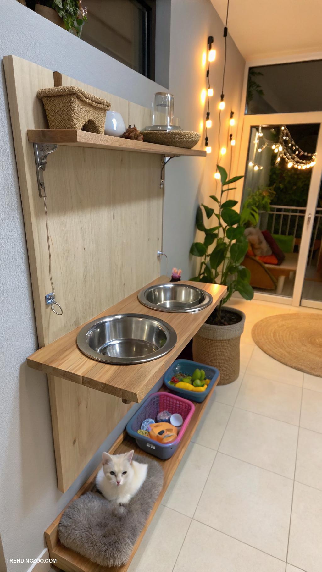 indoor cat room Wall mounted feeding stations for convenience