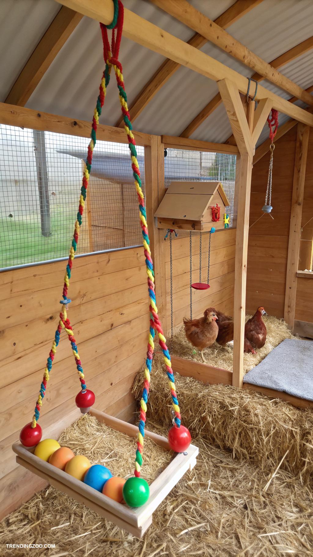 interior chicken coop ideas Interactive toys for chicken entertainment