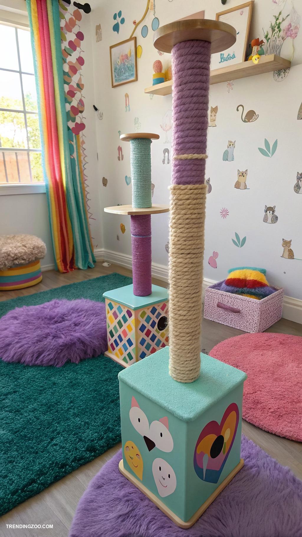 kitty room Colorful scratching posts in various shapes