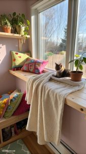 kitty room Cozy window perch with soft blankets