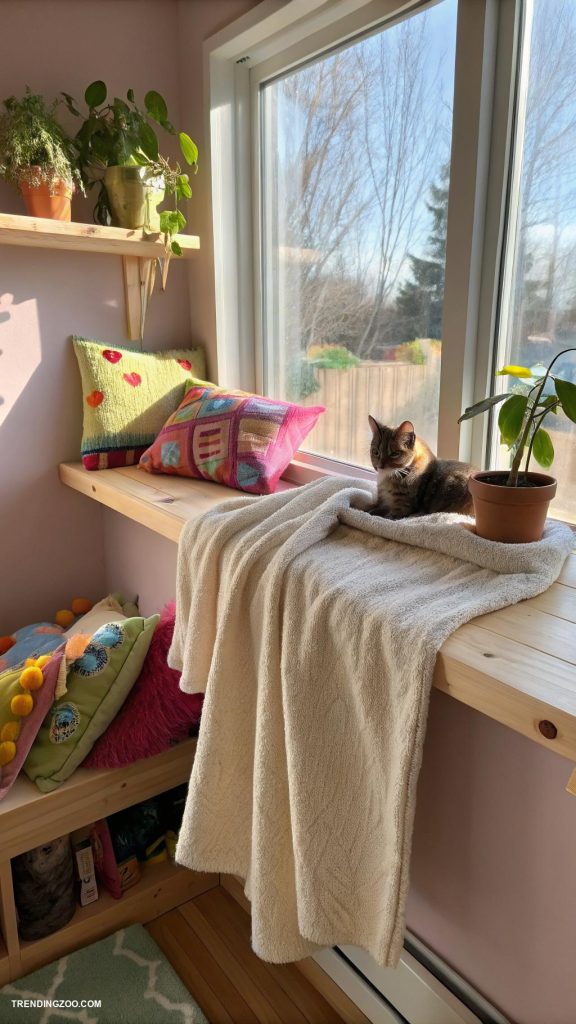 kitty room Cozy window perch with soft blankets