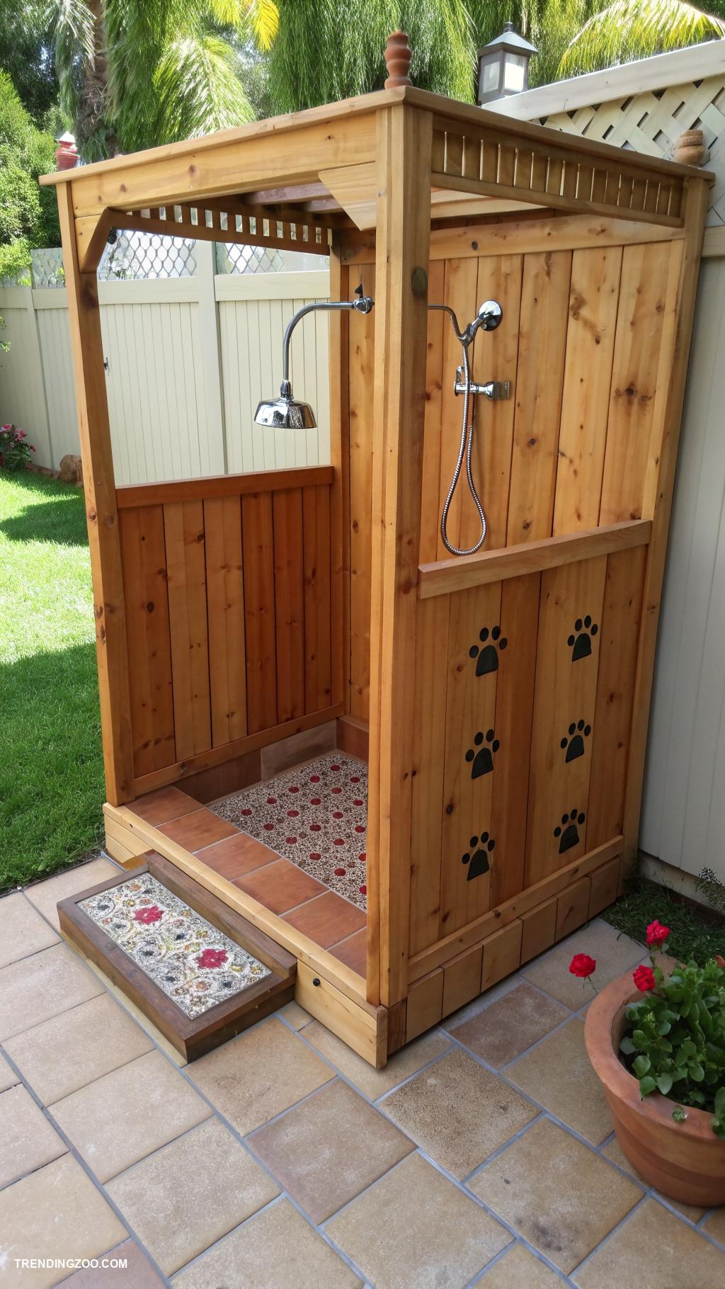 outdoor dog shower ideas DIY wooden shower stall with tiles