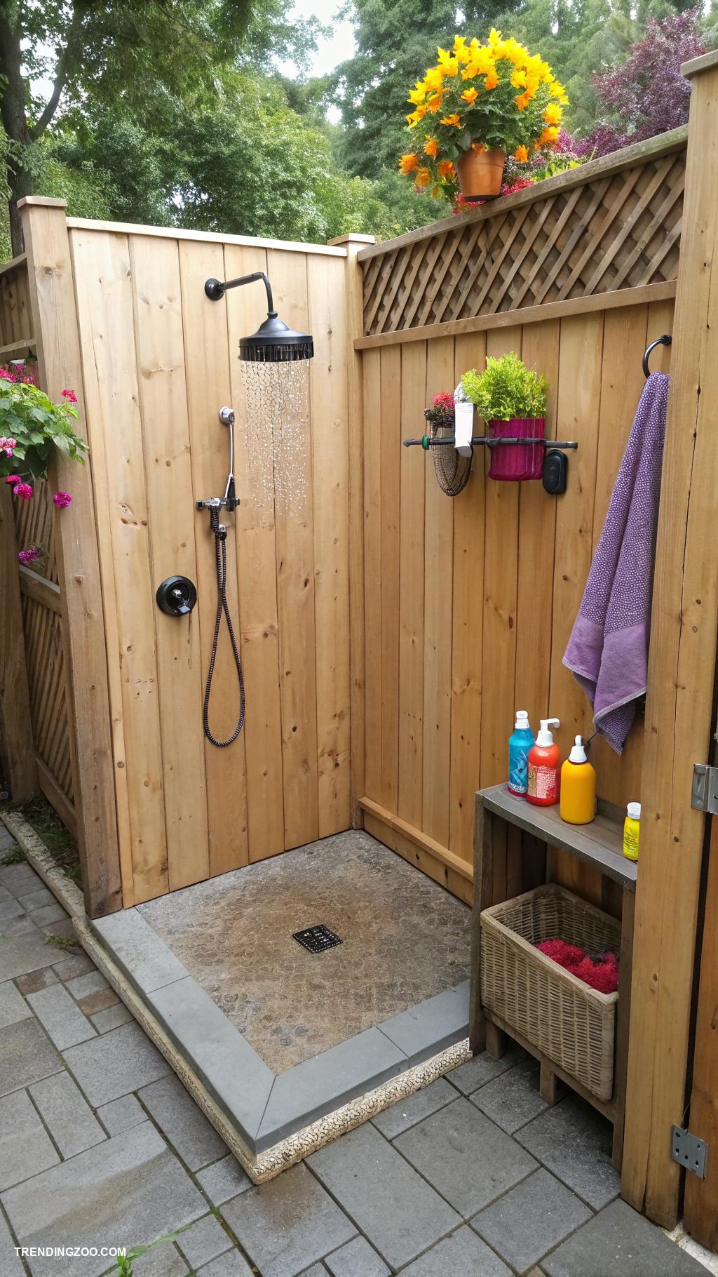 outdoor dog shower ideas Enclosed shower area with privacy fence