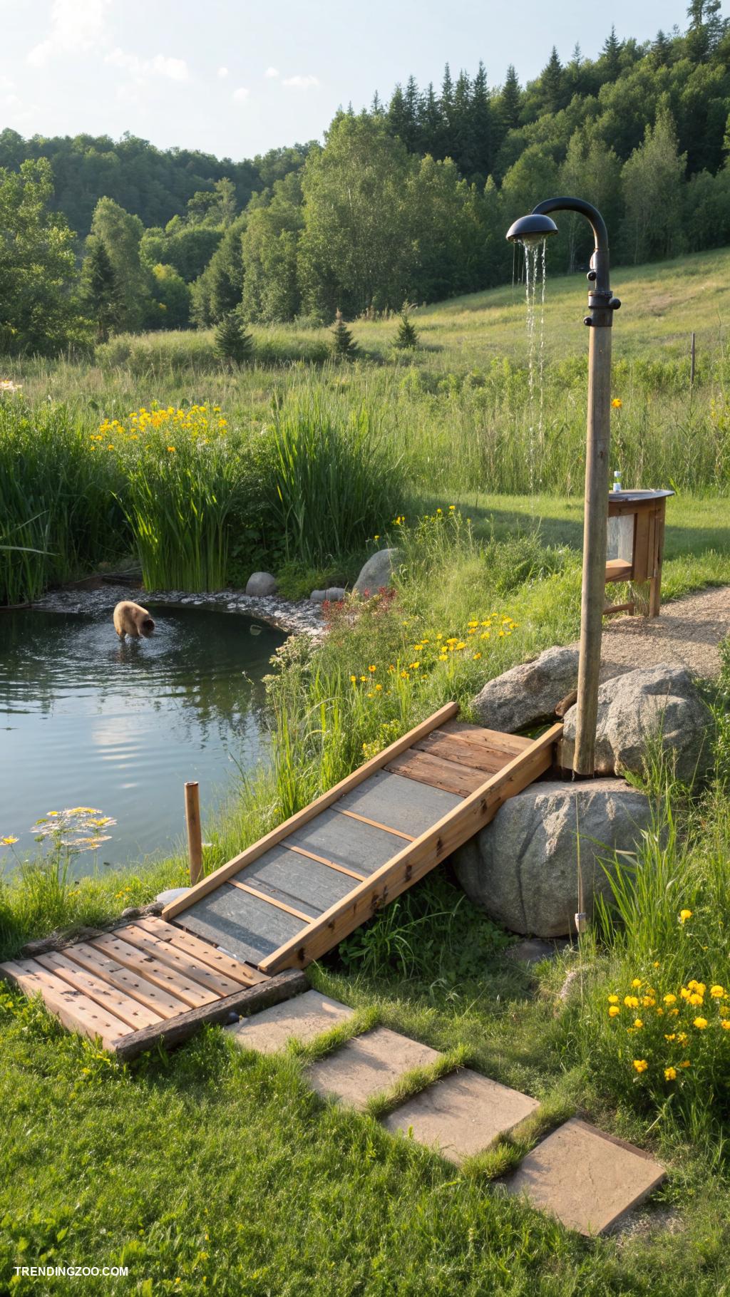 outdoor dog shower ideas Natural pond with dog access ramp