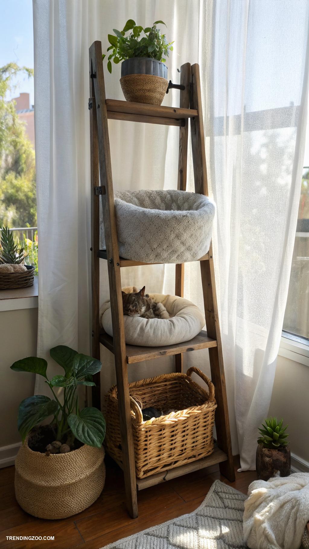 cat window bed ideas Rustic ladder shelf with bed options