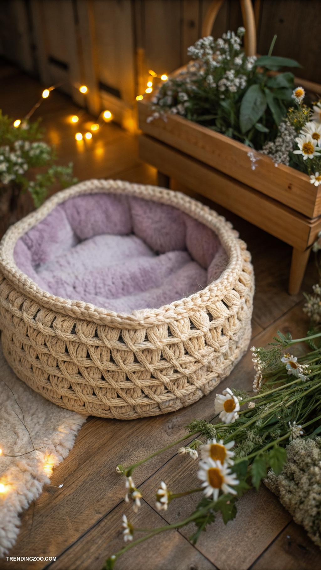 cottagecore cat beds Crochet basket with plush lining