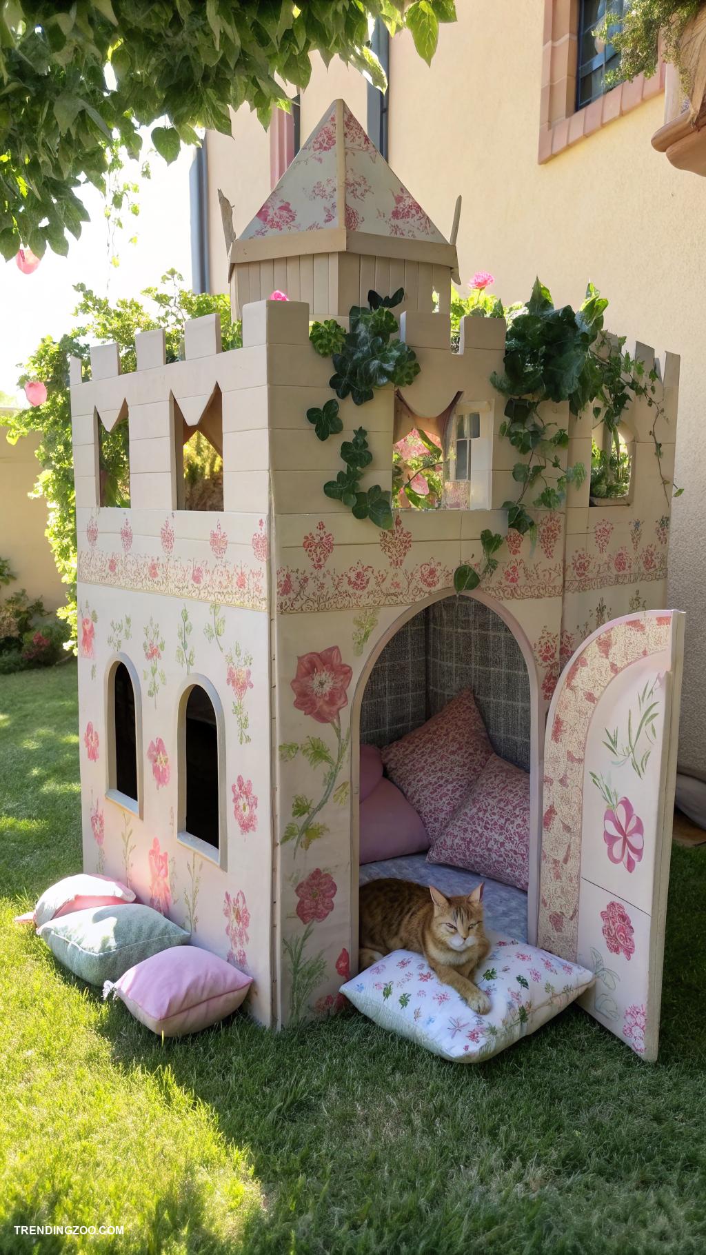 cottagecore cat beds Fabric covered cardboard box castle