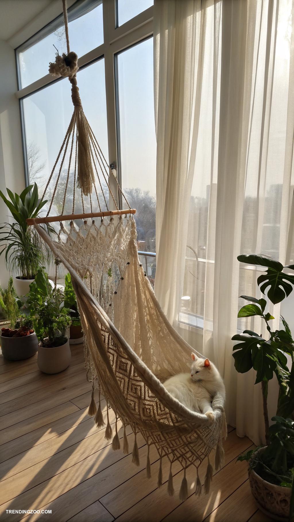 cottagecore cat beds Hanging macramy hammock near window