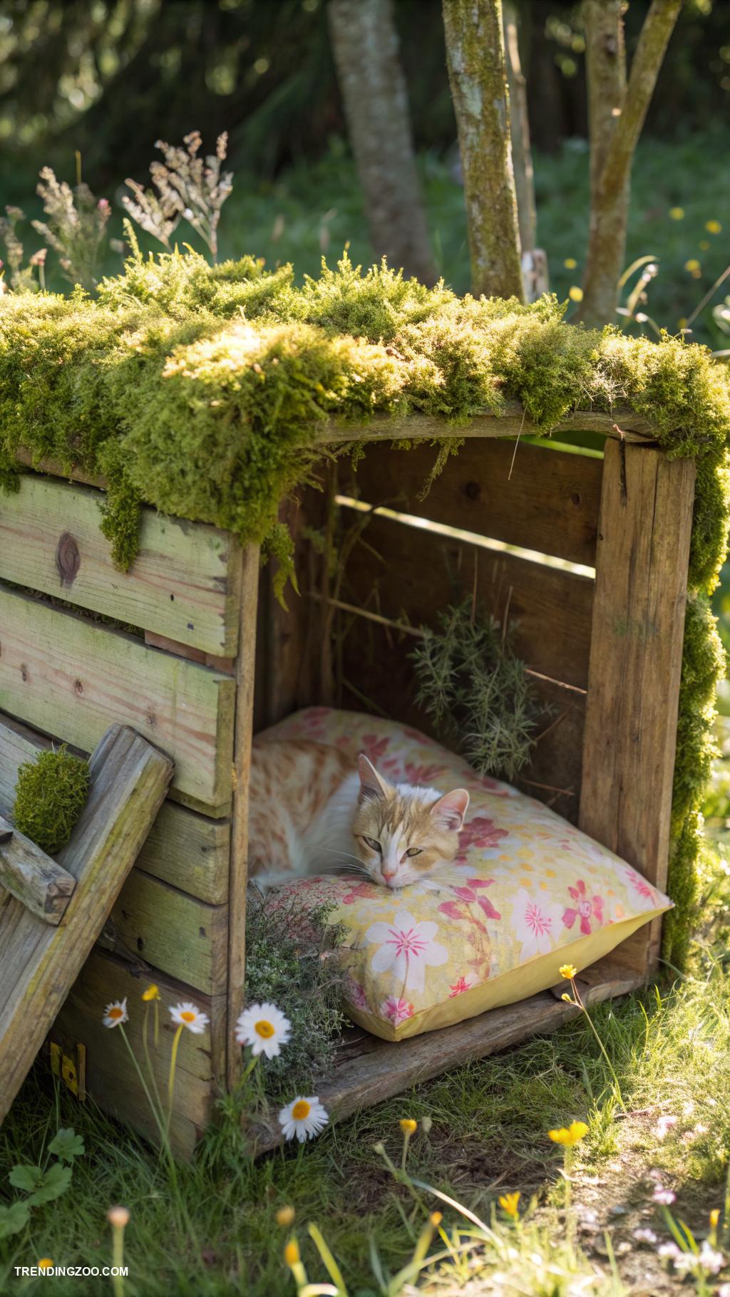 cottagecore cat beds Moss covered wooden crate bed