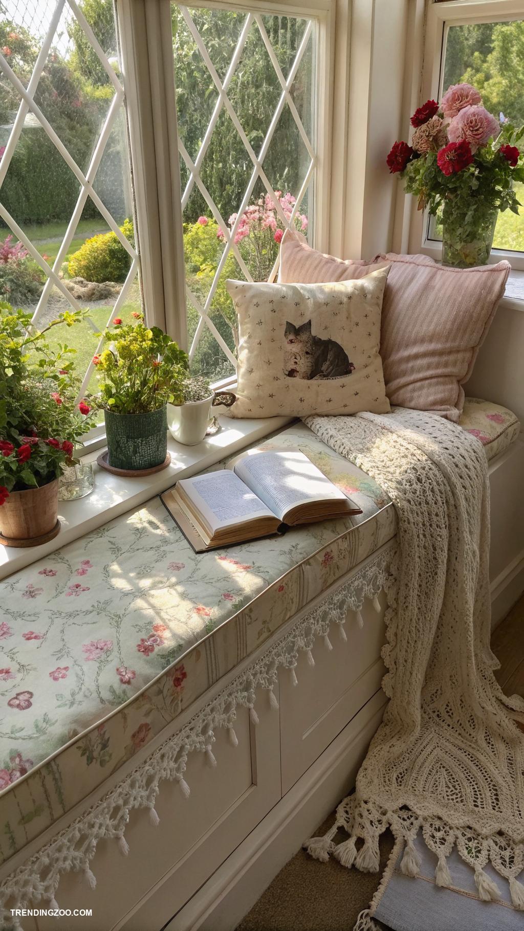 cottagecore cat beds Padded window seat with lace trim