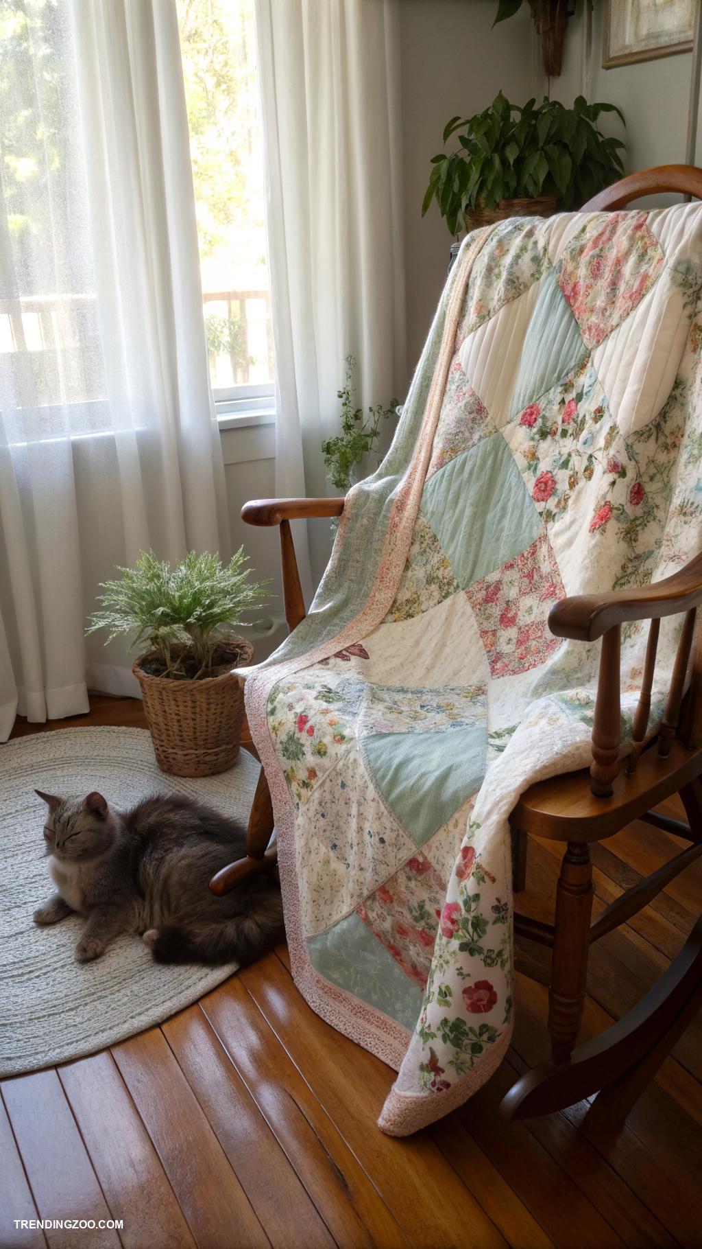 cottagecore cat beds Quilted throw on a rocking chair