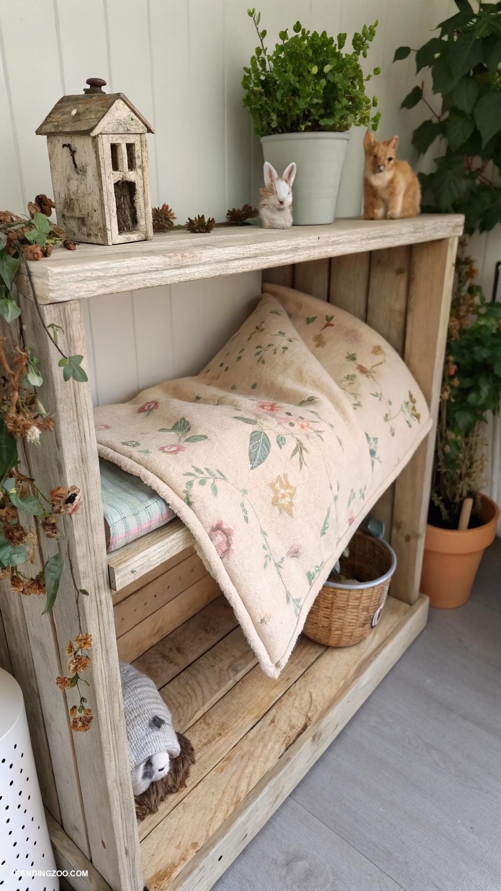 cottagecore cat beds Rustic wooden shelf with soft blanket