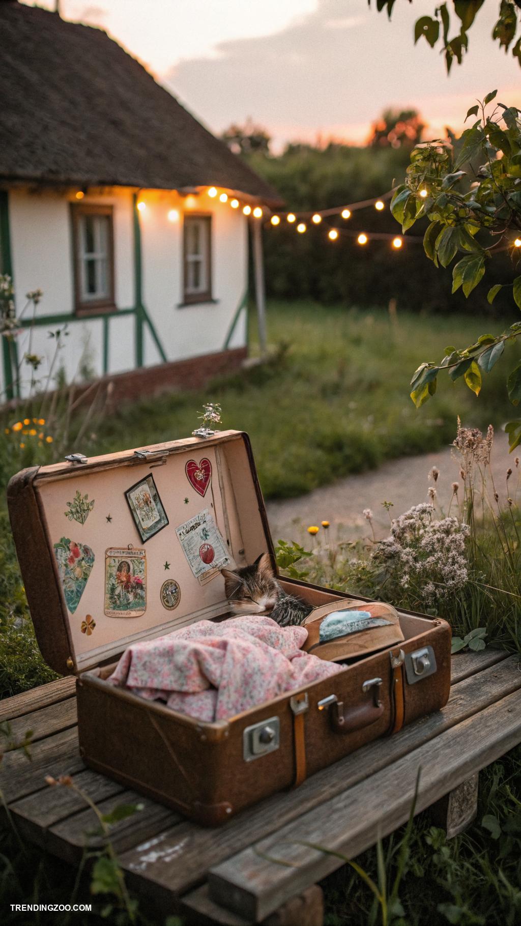 cottagecore cat beds Vintage suitcase tucked under the table