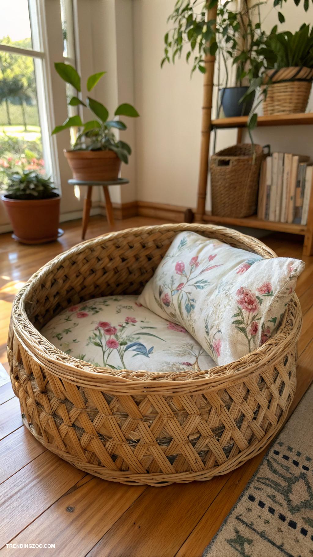 cottagecore cat beds Woven basket with floral cushion