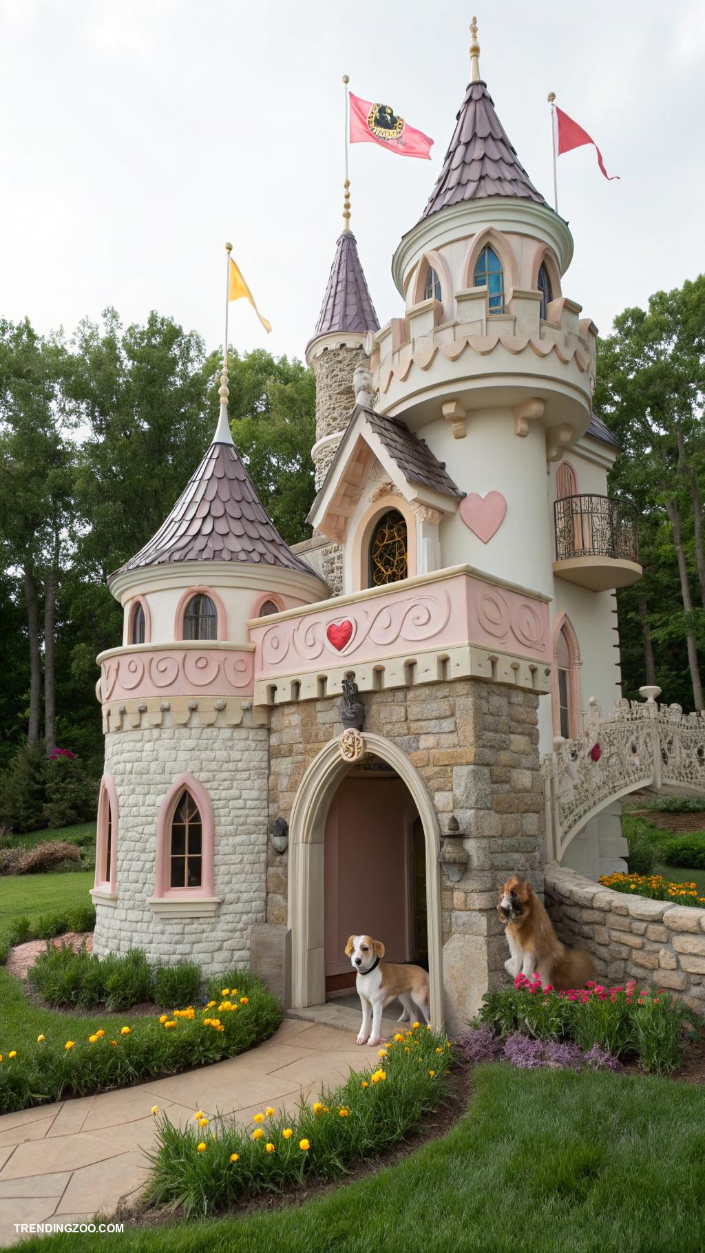 cute dog houses Luxury castle with turrets and flags