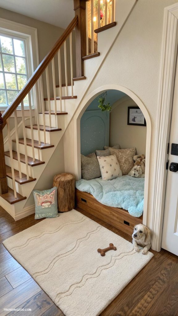 cute dog houses Under stairs nook with plush bedding