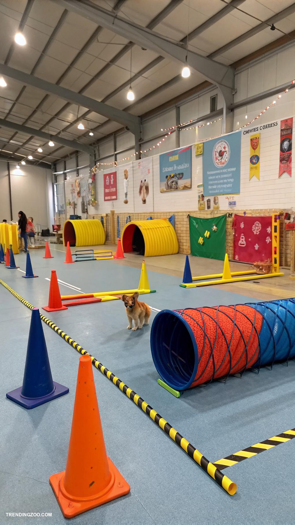 indoor dog play area Agility course with cones and tunnels
