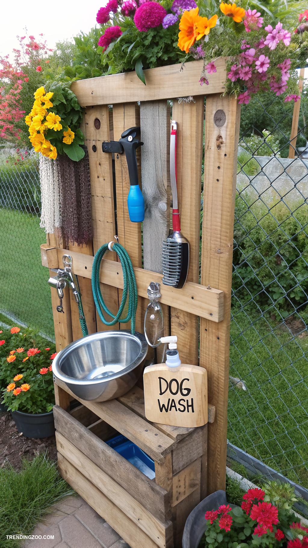 outside dog washing station DIY hose holder with grooming accessories