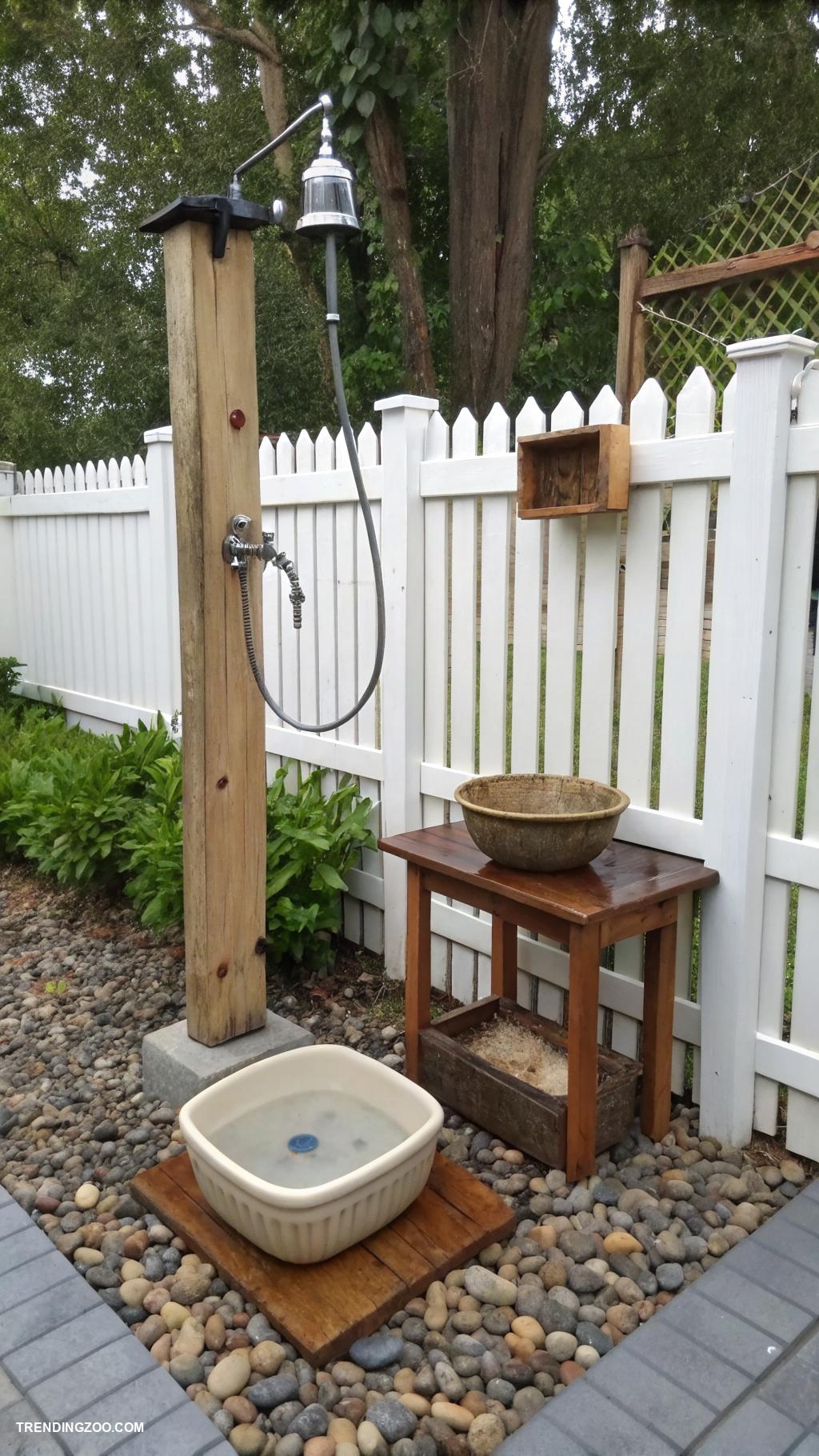 outside dog washing station Overhead sprayer with fenced area