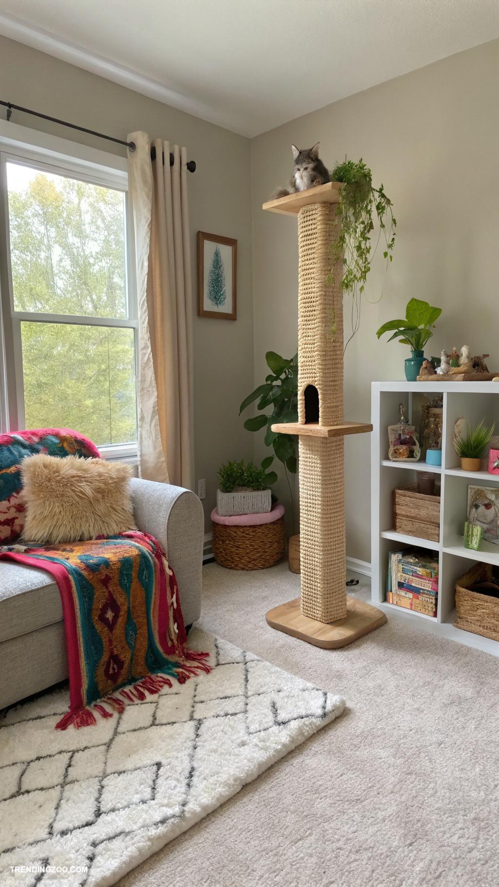 pet friendly living room Add a scratching post feature