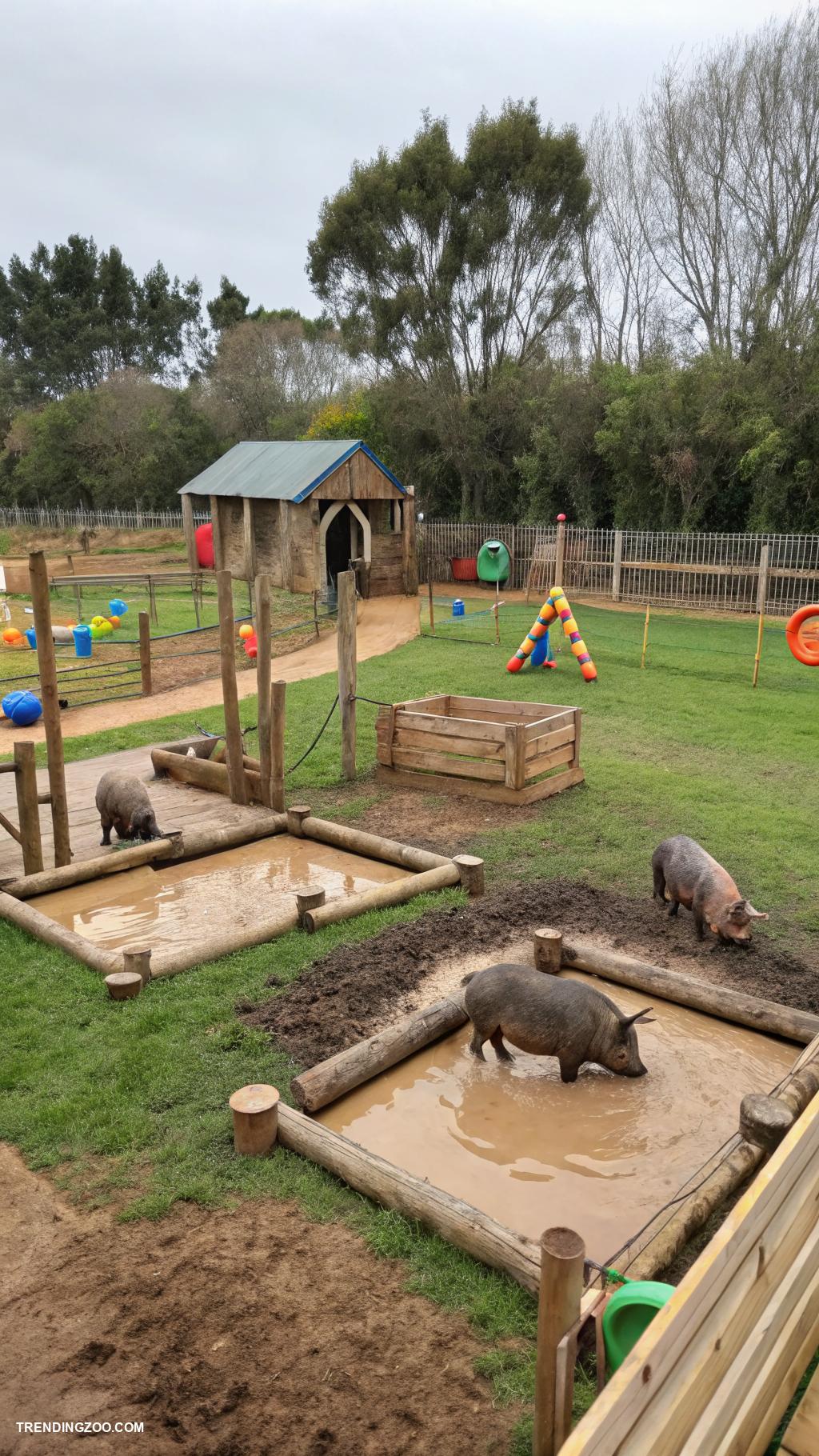 piggery farm design Outdoor pig playground with mud baths
