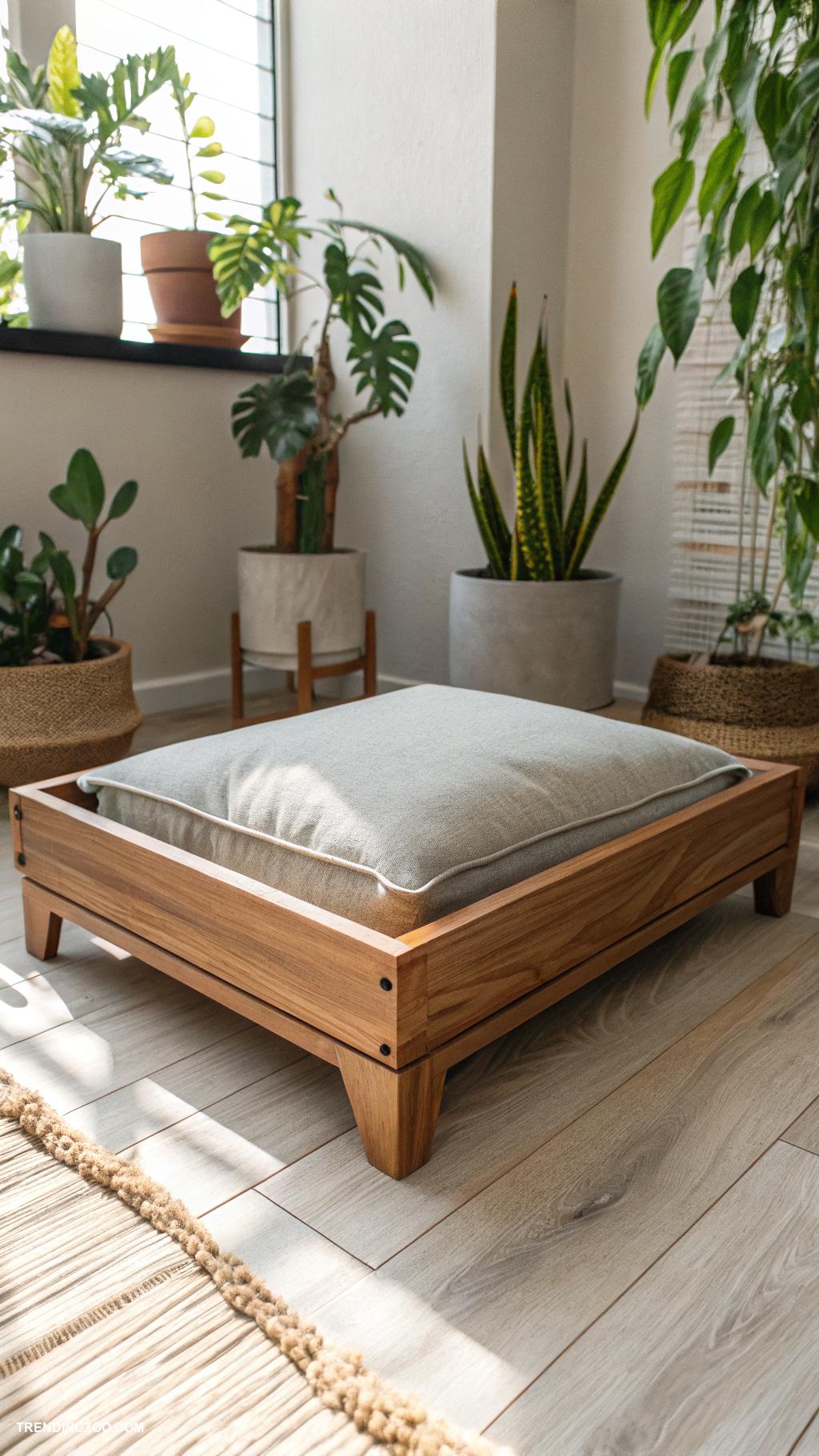 aesthetic dog bed Minimalist wooden platform with soft cushion