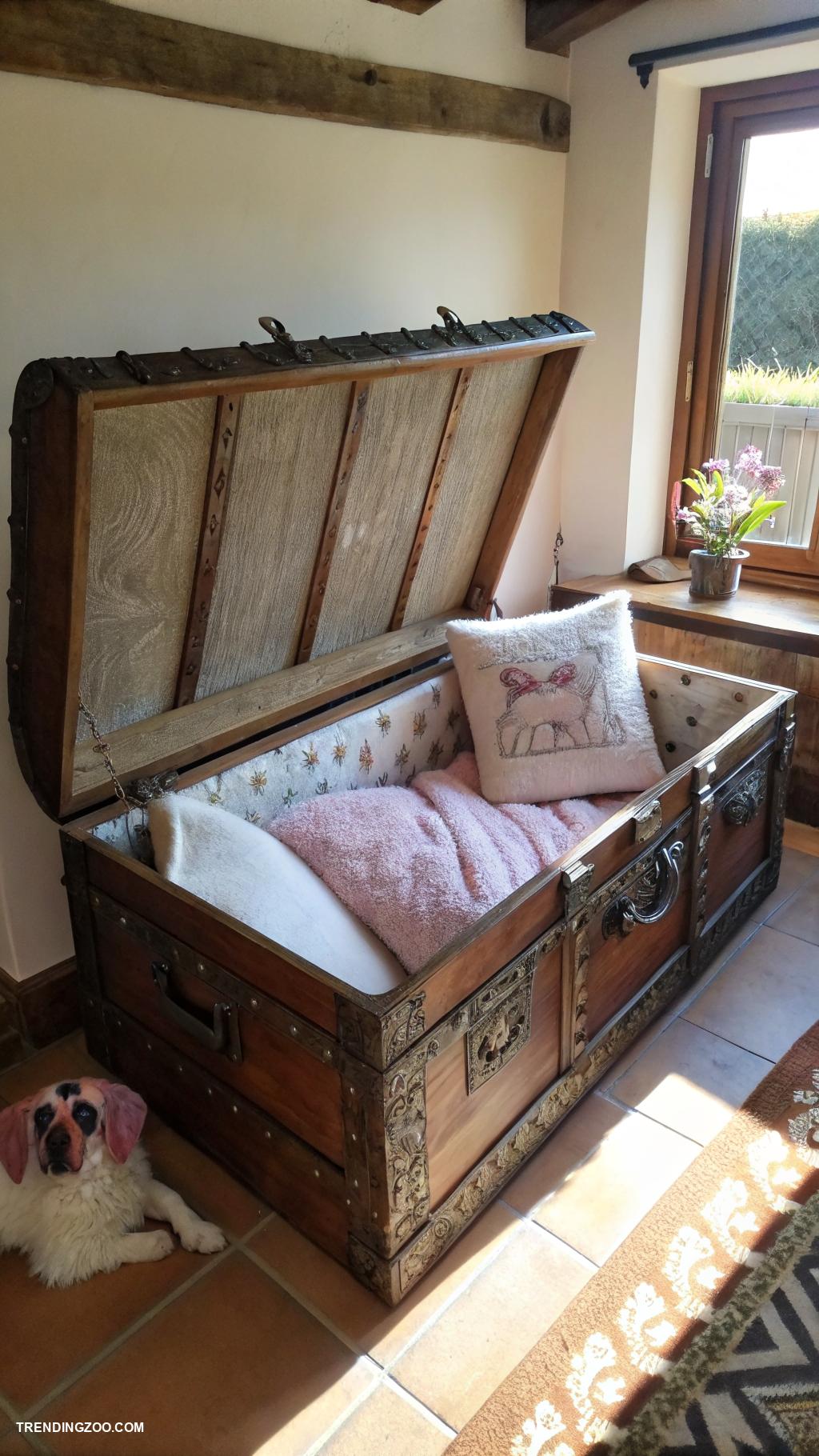 aesthetic dog bed Vintage trunk converted into cozy bed