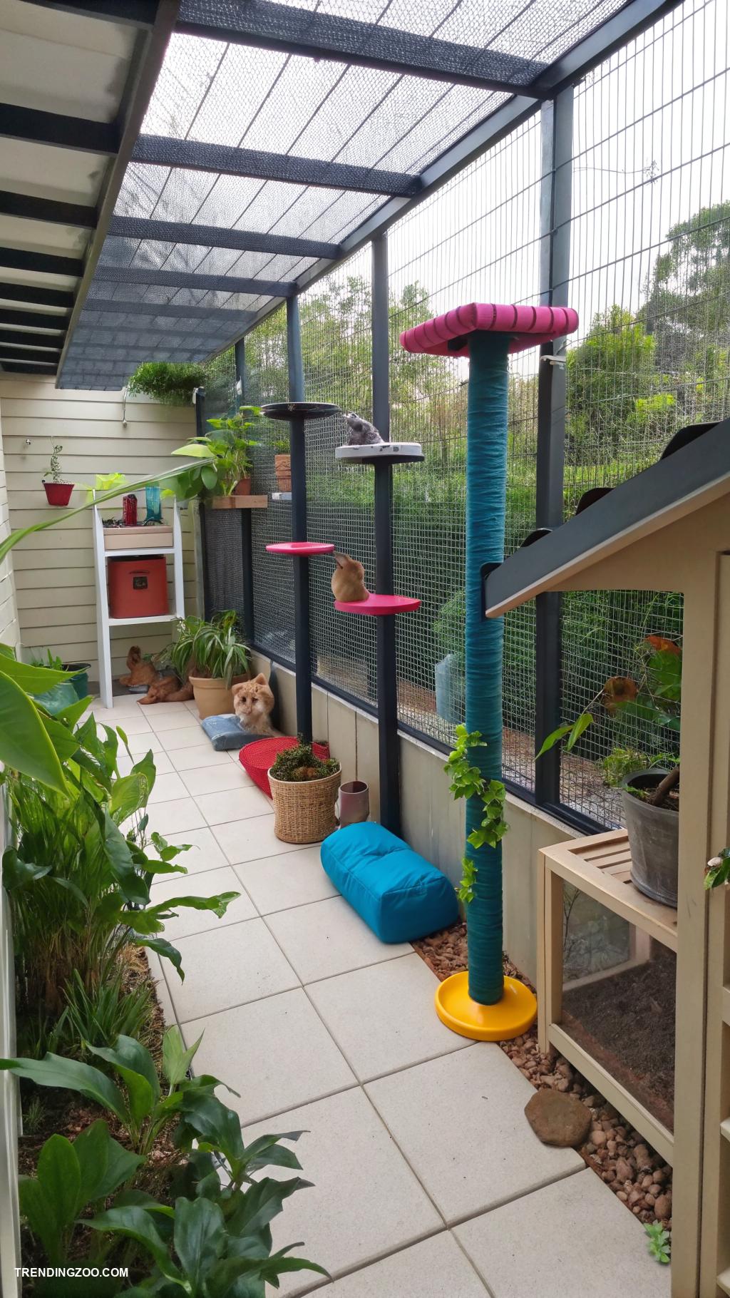 cat outside enclosure Catio with climbing shelves and trees