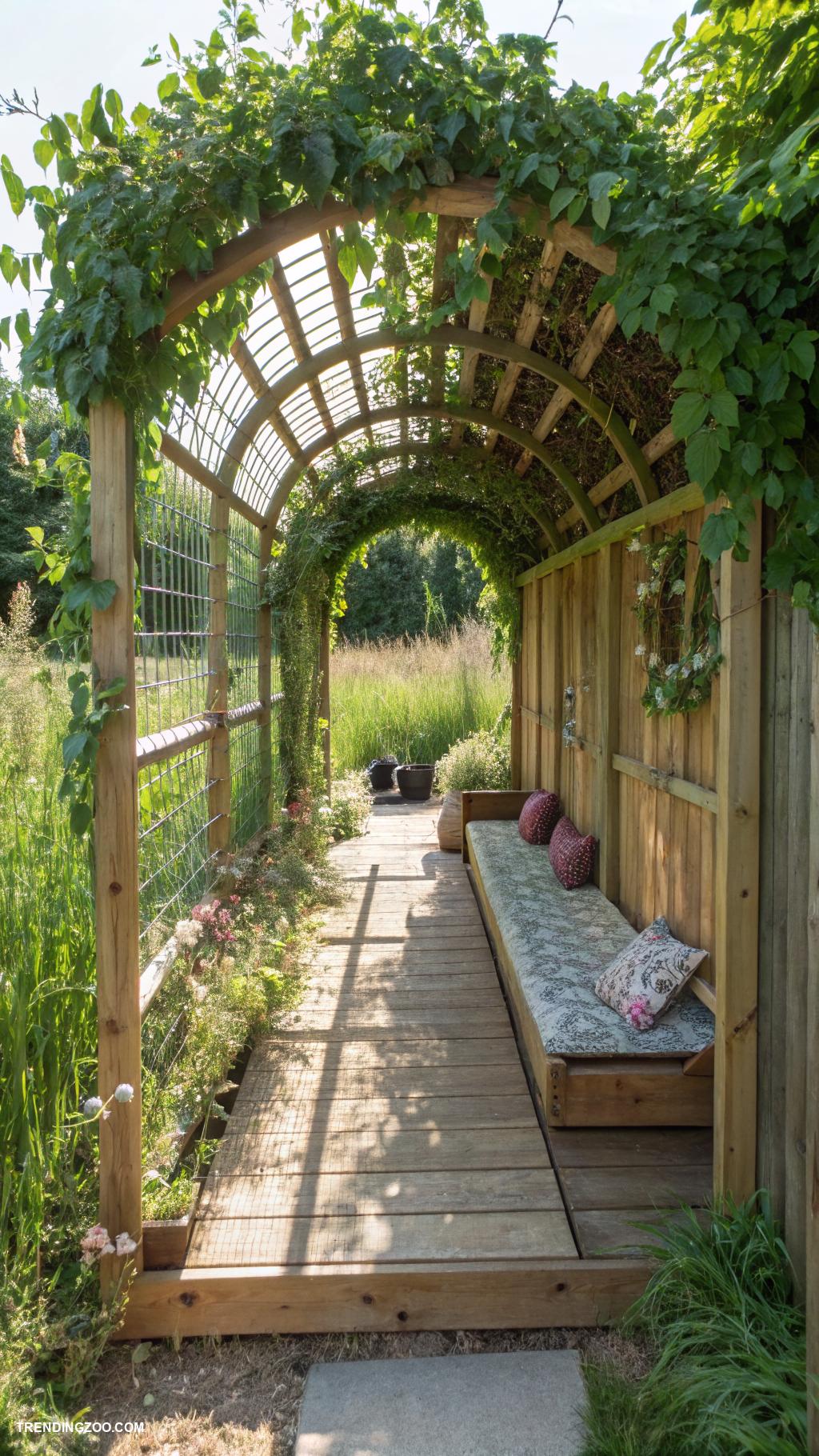 cat outside enclosure Trellis tunnel connecting inside to outside