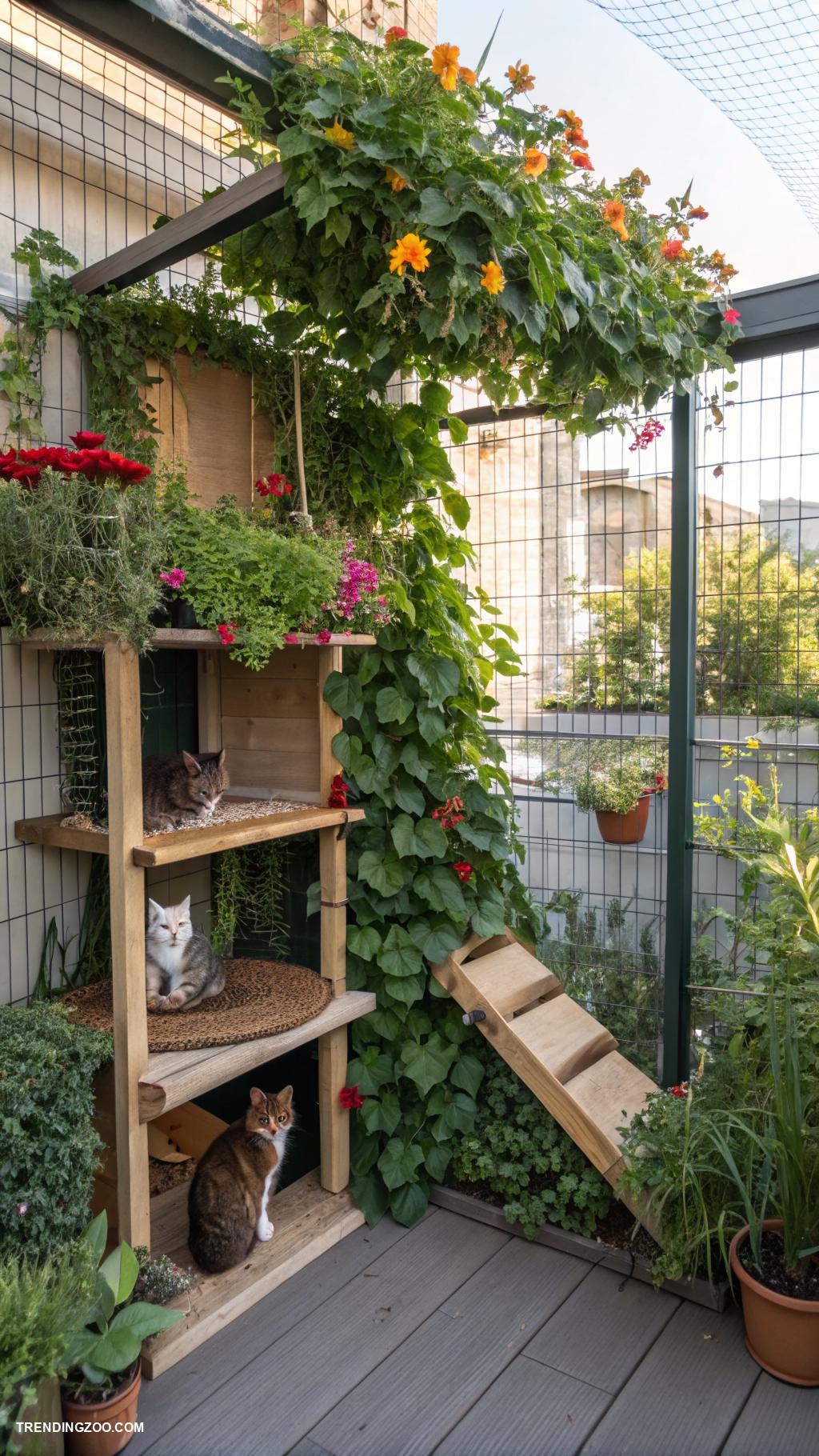 cat outside enclosure Vertical garden for feline exploration