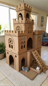 cat playhouse Cardboard castle with multiple levels