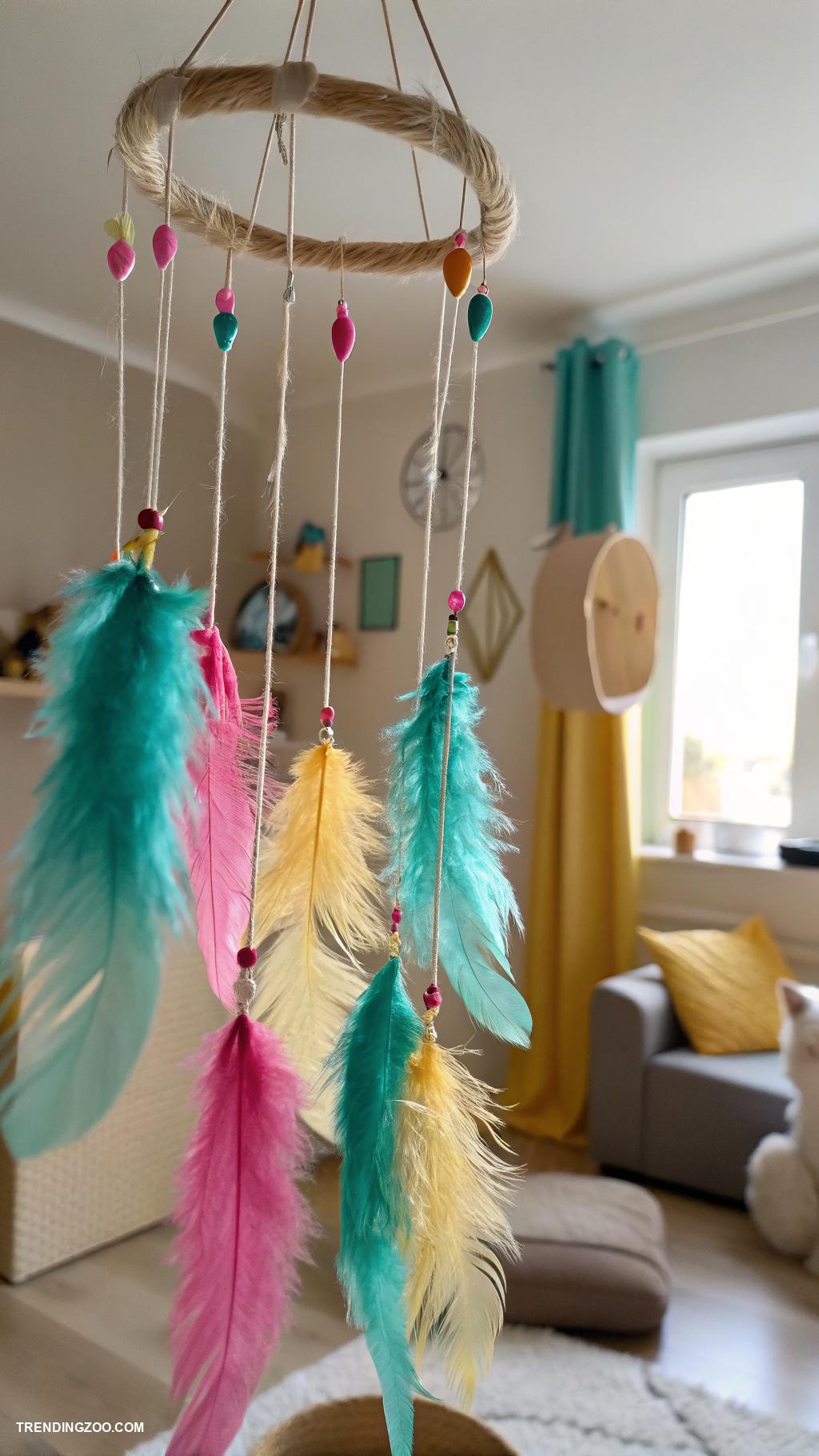 cat playhouse Hanging mobile with feathers and strings