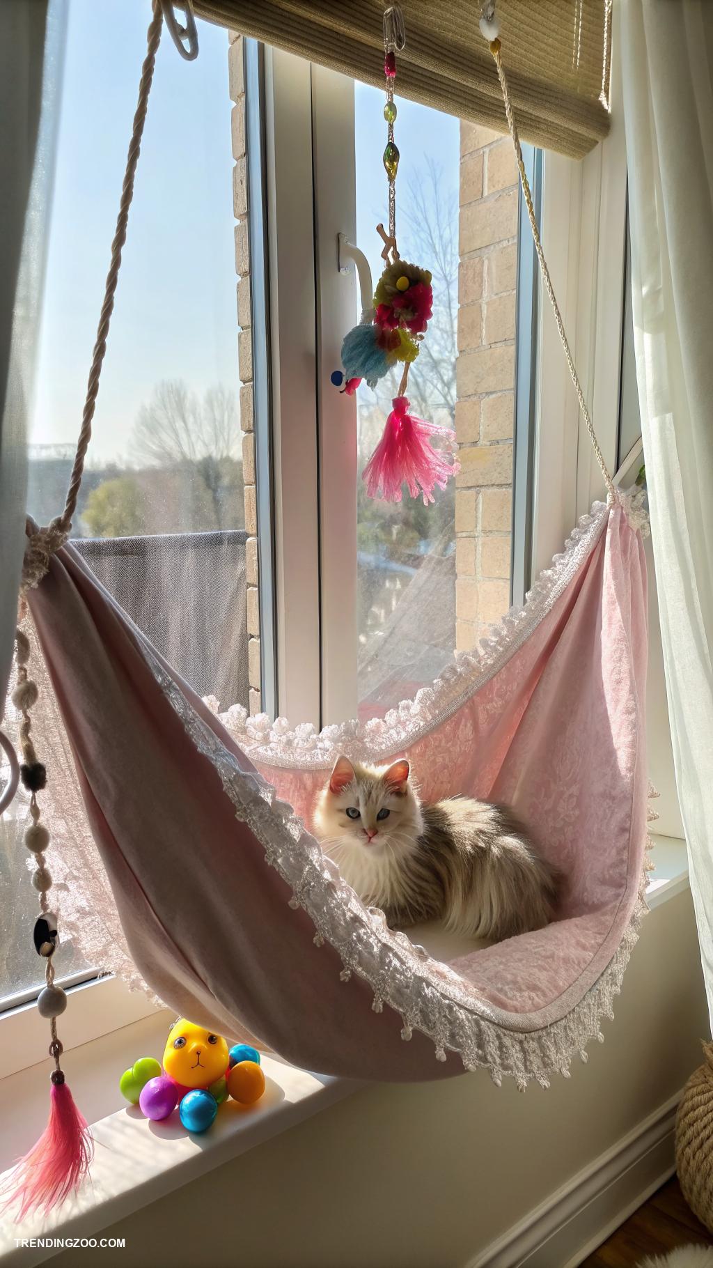 cat window hammock ideas Add hanging toys for playful fun