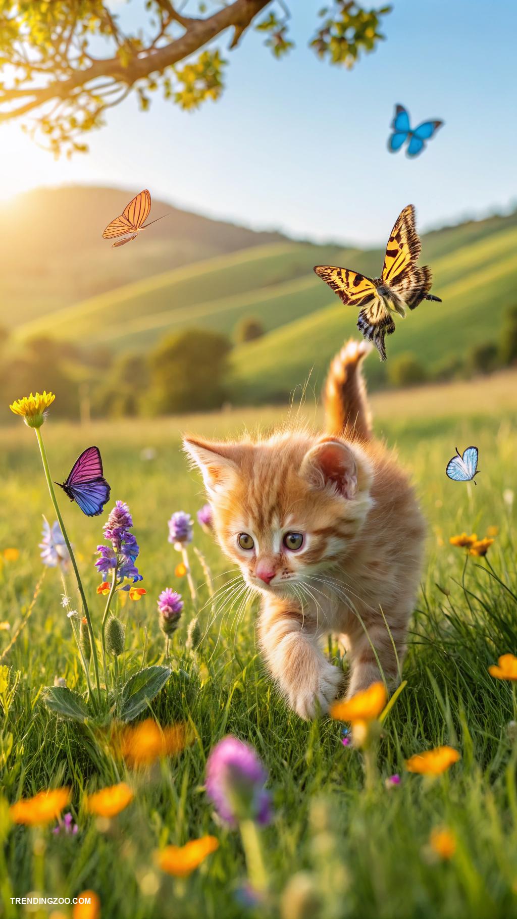 cute kitten phone wallpapers Kitten chasing butterflies in a field