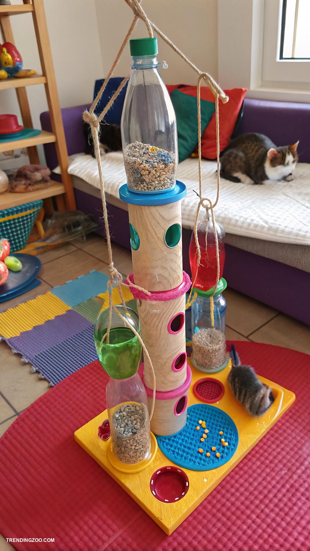 diy cat home Interactive puzzle feeder from plastic bottles