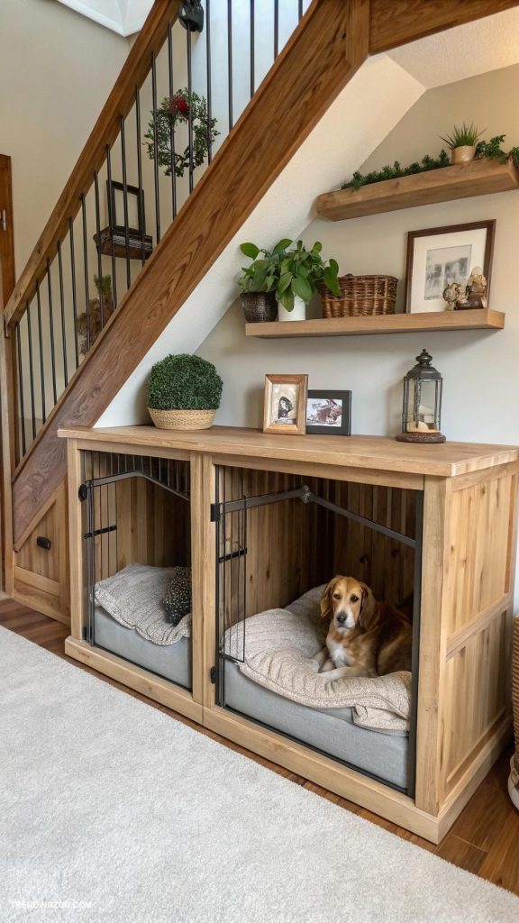 diy double dog crate furniture Under stairs dog crate storage