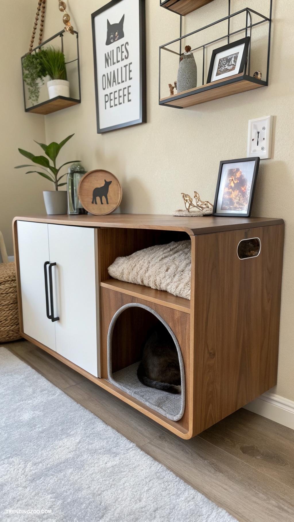 diy litter box hideaway Wall mounted shelf with an access hole