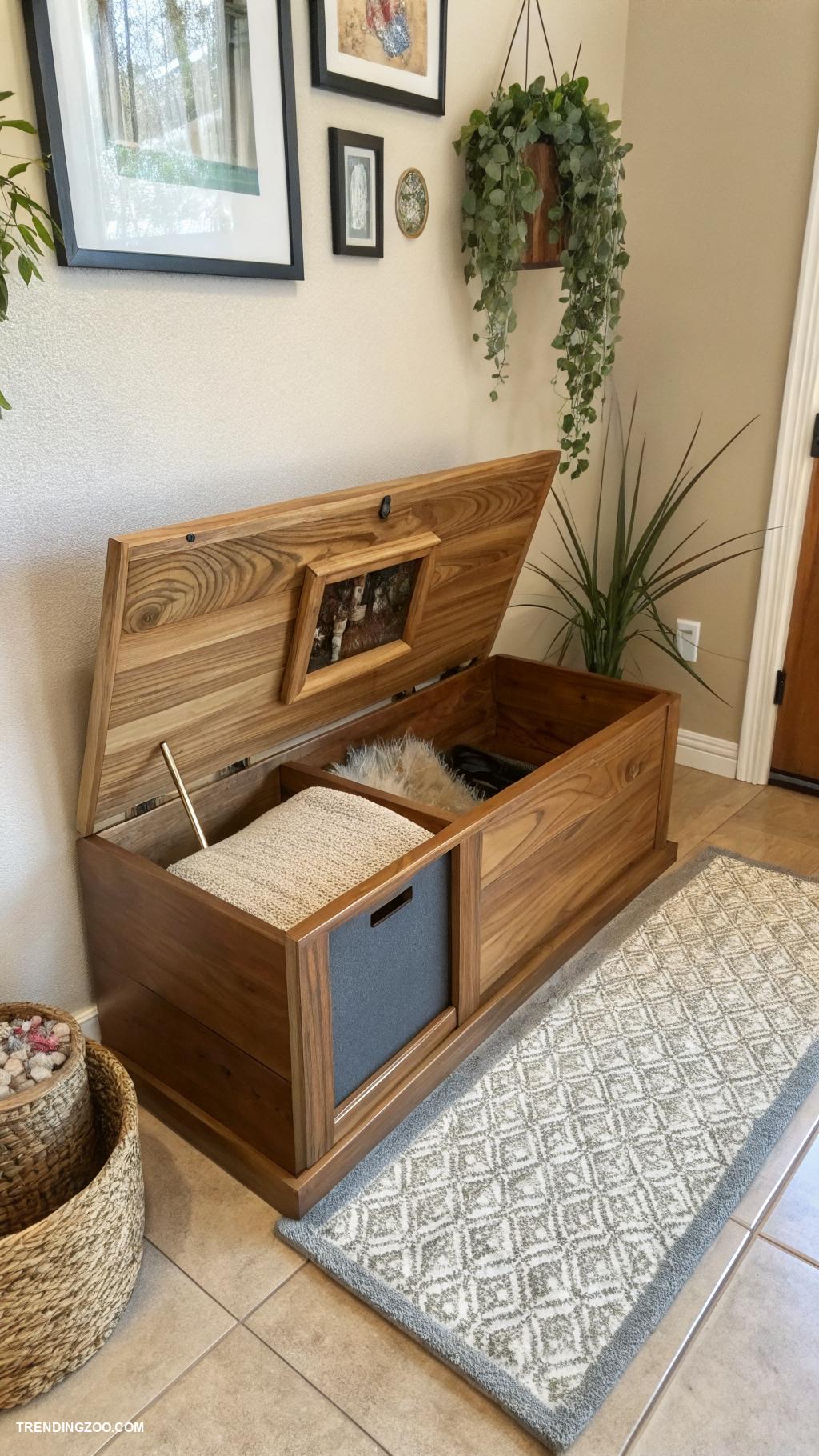 diy litter box hideaway Wooden bench with integrated litter box
