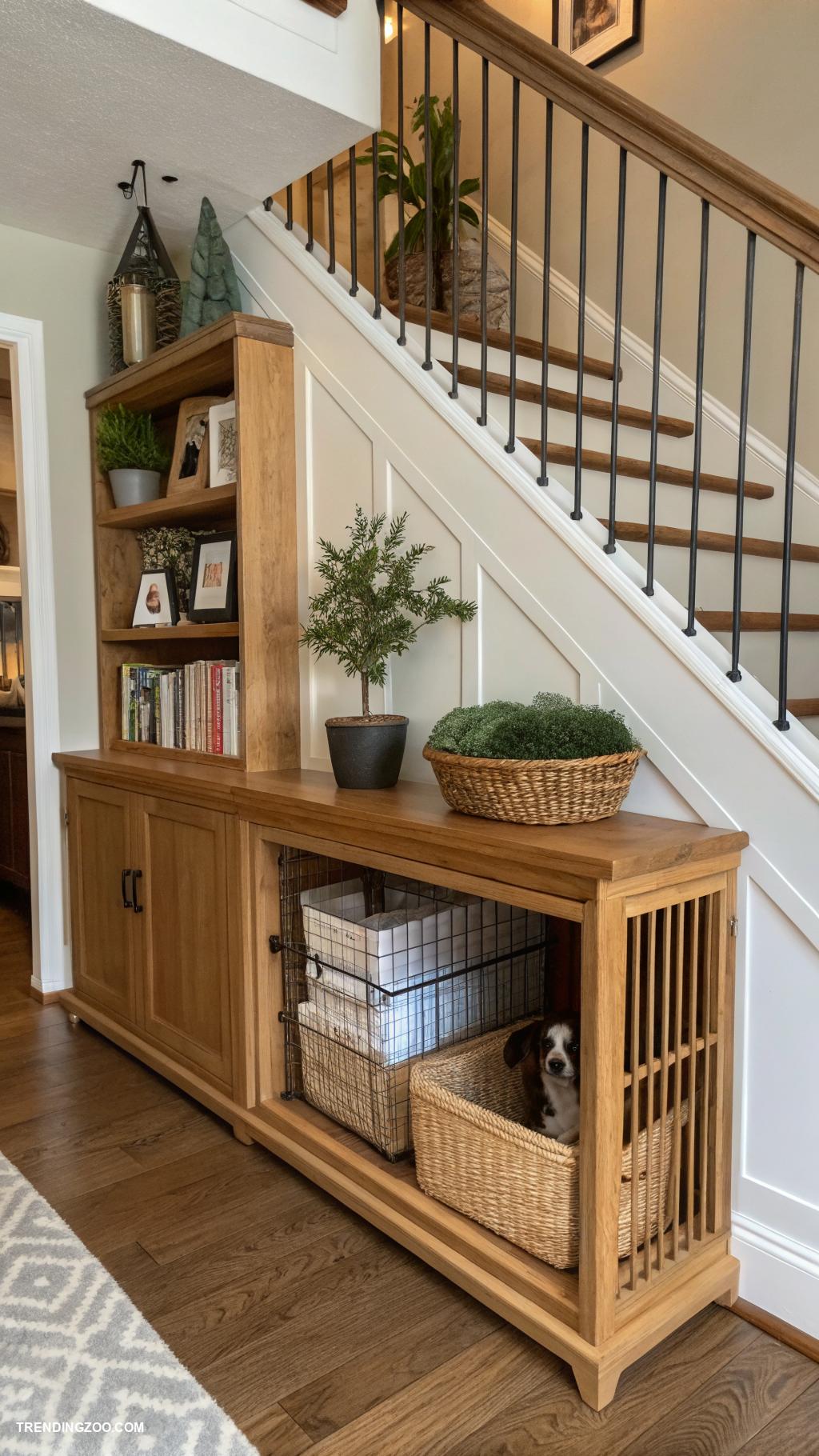dog crate under stairs Built in shelf above crate for storage