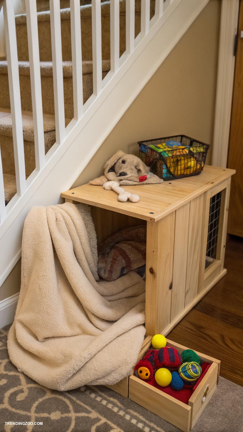 dog crate under stairs Cozy crate with warm blanket and toys