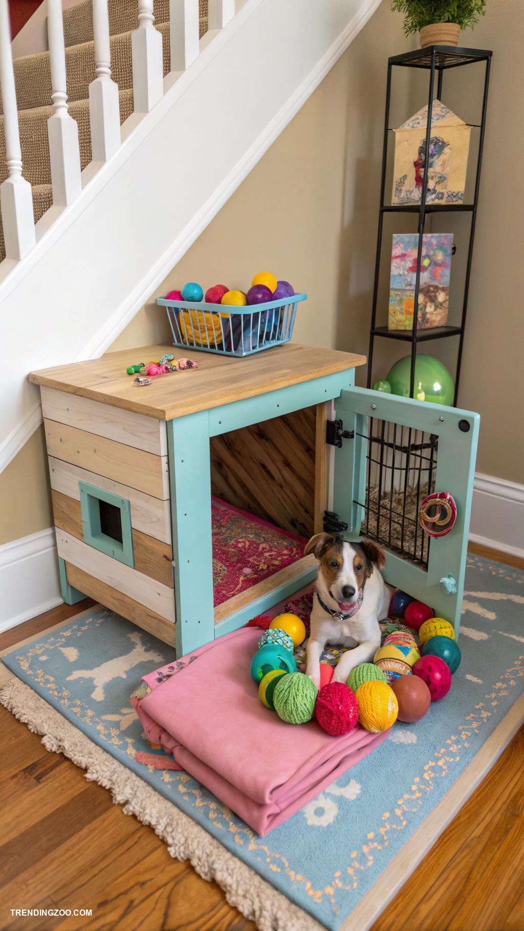 dog crate under stairs Interactive crate with toys and puzzles